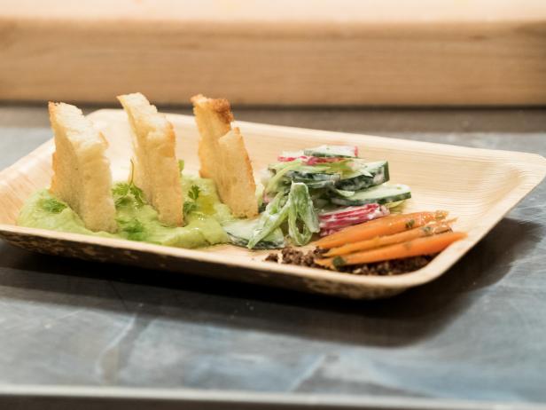 Green Pea Hummus, Tea Breeze Carrots, Black Olive Soil and Tzatziki